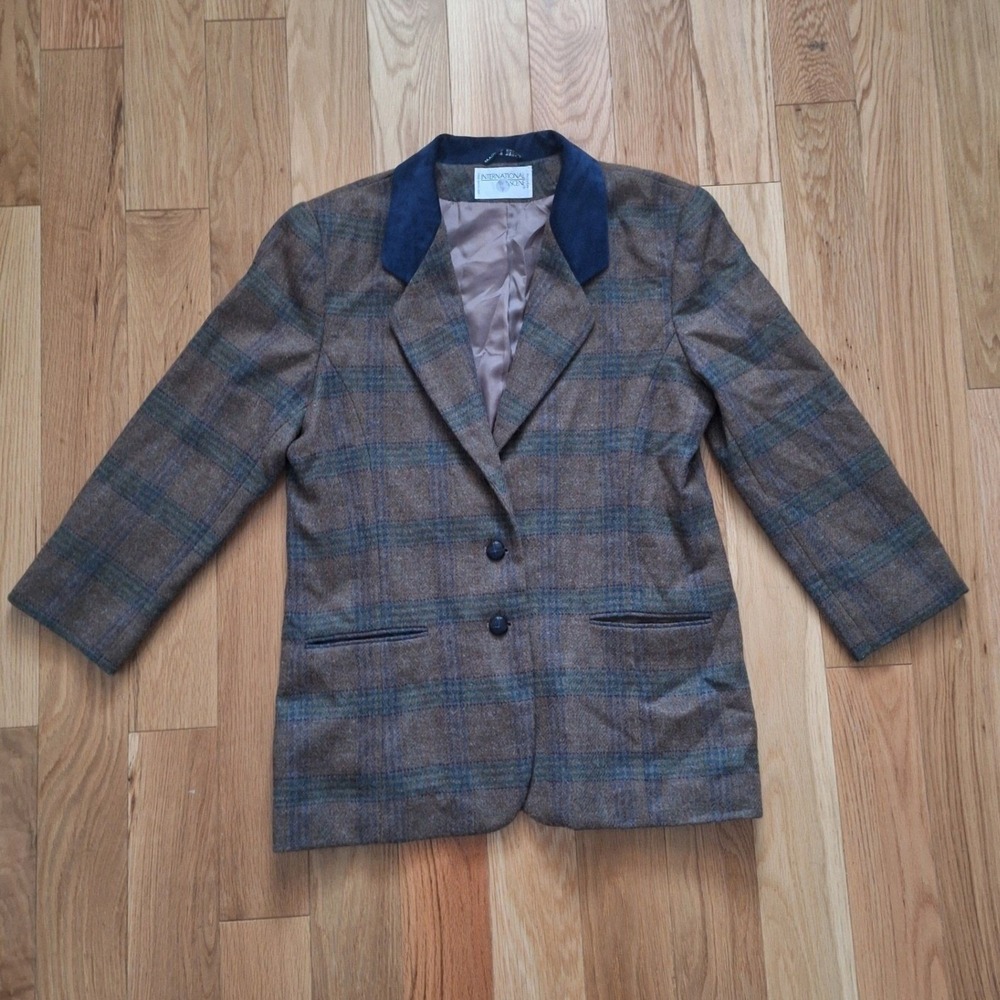 International Scene Vintage 90s Plaid Blazer Suede Collar Brown Blue Size 15/16
